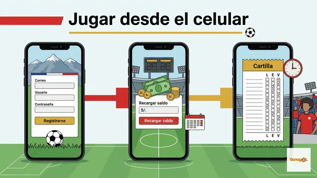 Secuencia de tres pantallas de celular mostrando cómo registrarse, recargar saldo y marcar pronósticos sin instalar ninguna app